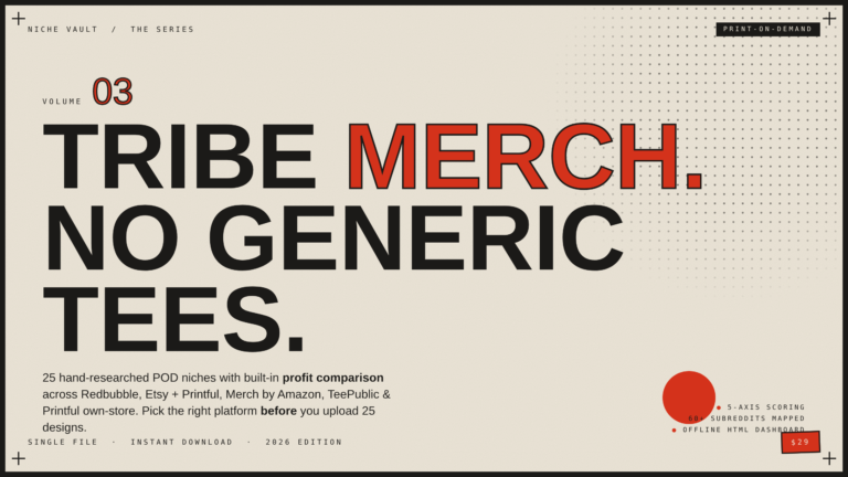 Print-on-Demand Niche Vault Vol. 3 — 25 POD Design Niches With Multi-Platform Profit Calculator
