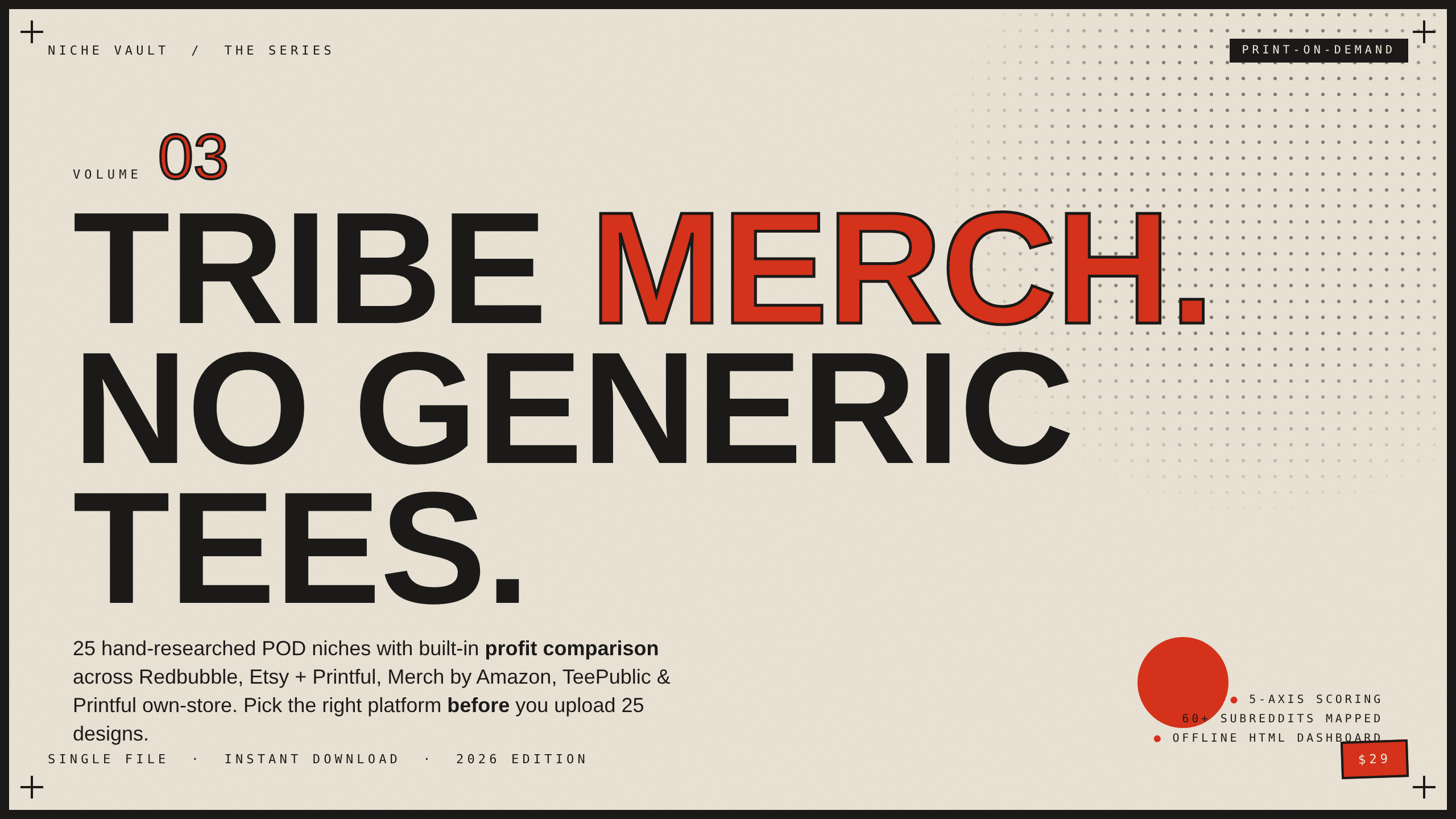 Print-on-Demand Niche Vault Vol. 3 — 25 POD Design Niches With Multi-Platform Profit Calculator
