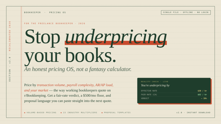 The Bookkeeper Pricing OS — Reality Check, Scope Pricer, Rate-Raise Scripts + AI Leverage